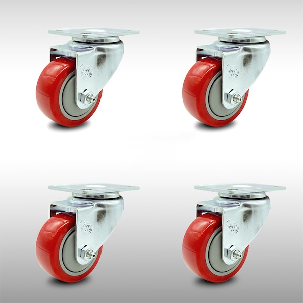 3 Inch SS Red Polyurethane Wheel Swivel Top Plate Caster Set